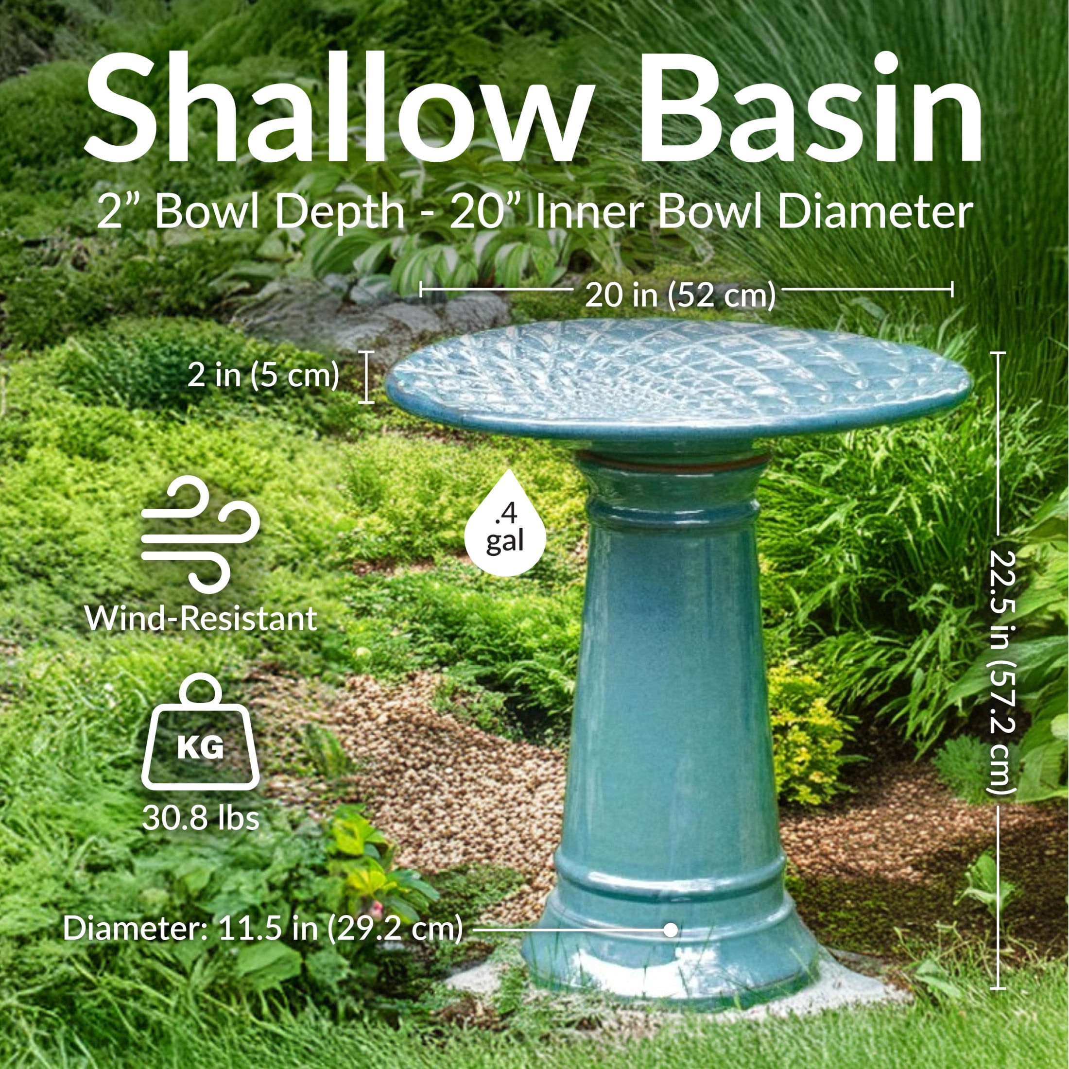 Sunnydaze Rennes Freestanding Ceramic Outdoor Bird Bath, UV-Resistant Turquoise Finish