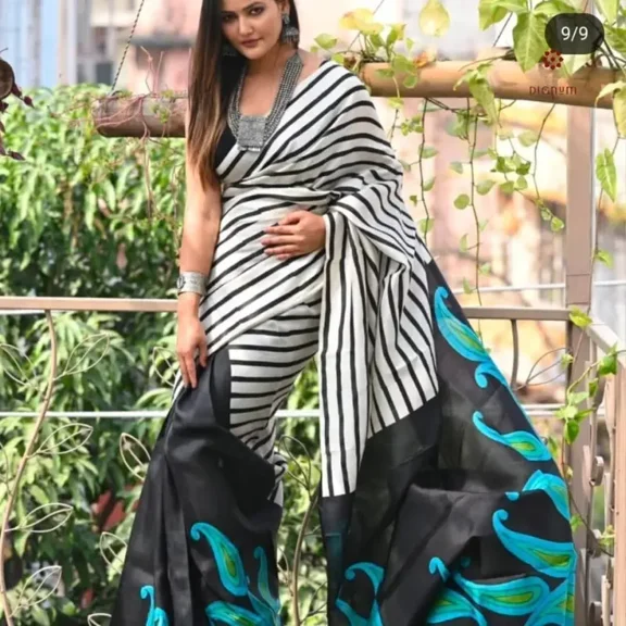 White Black Pure Silk Hand Painted Saree