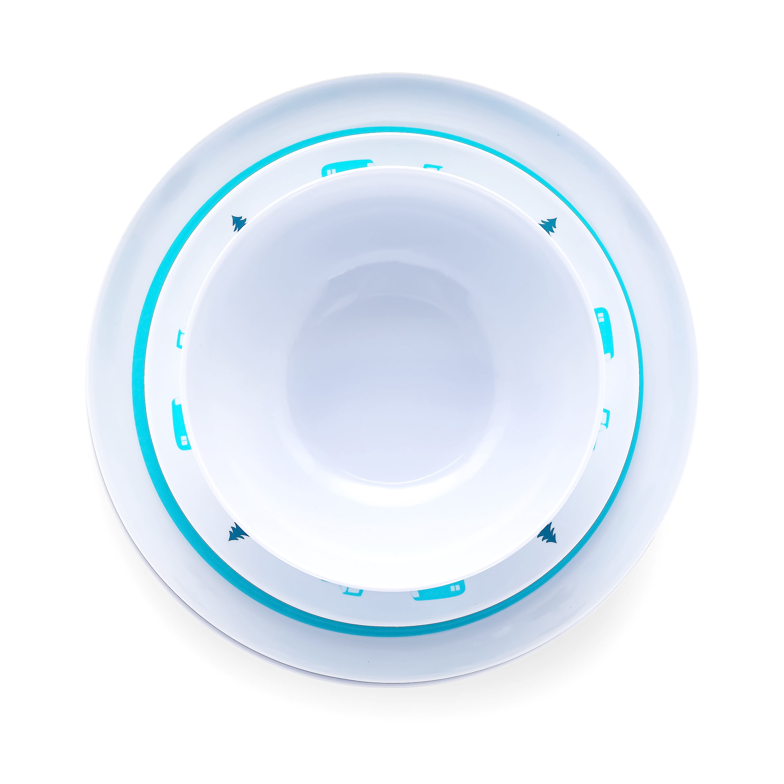 Camco Life is Better at The Campsite Dishware Set | Features an RV Camping Theme Design, a Durable Melamine Construction, and are Top Rack Dishwasher Safe | Blue/White, Set of 12 (53296)