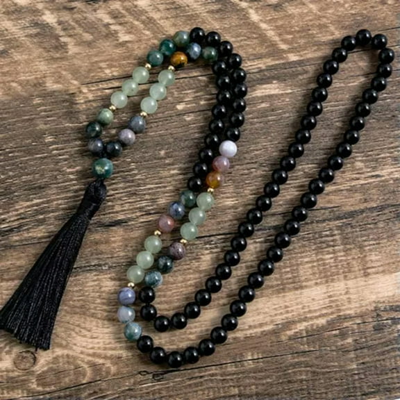 K-KED 108 Mala Beads Natural 8mm Green Aventurine India Agate Obsidian Tassel Necklace