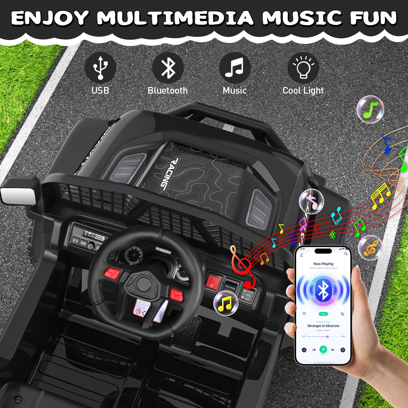 Funcid 24V Ride on Cars Truck with Remote Control, Electric Battery Powered Car with Spring Suspension, Ride on Toys for Kids, Built-in music, Cool LED Light, Bluetooth, USB, Black