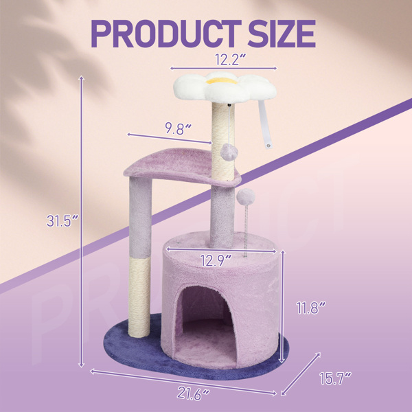 33in Multi-Level Cat Tree, Plush Condo, Curved Perch, Top Bed, Sisal Scratching Posts, Interactive Toys, Sturdy Design for Kittens/Small Cats
