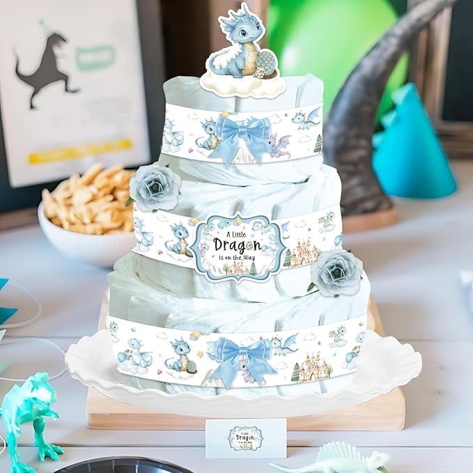 Dragon Theme Baby Shower Diaper Cake Decorations, Hatching Soon Baby Shower Cards Grosgrain Ribbon Dragon Printed, Blue Bows Artificial Camellia Flowers for Party Decor