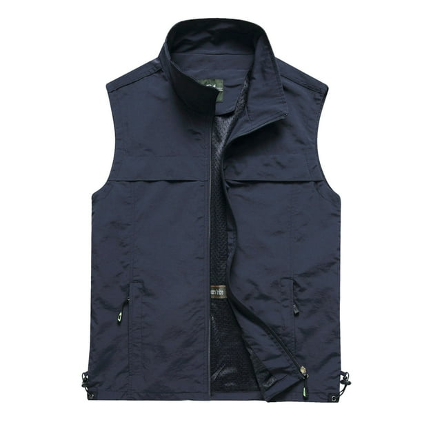 Chaleco outdoor con múltiples bolsillos para hombre - Color liso, cuello alto ajustado, poliéster, informal/trabajo, tallas M-XXXXL