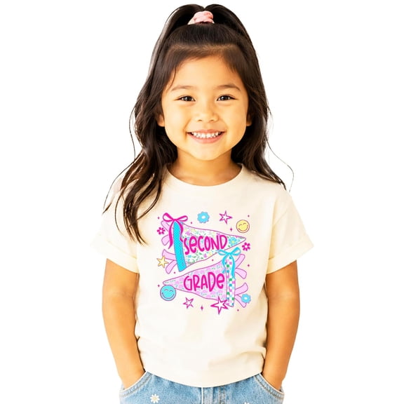 2nd Grade Shirt for Girls Cute Floral Pennant Flag Back to School Second Grade Graphic Tee Natural Shirt 2T