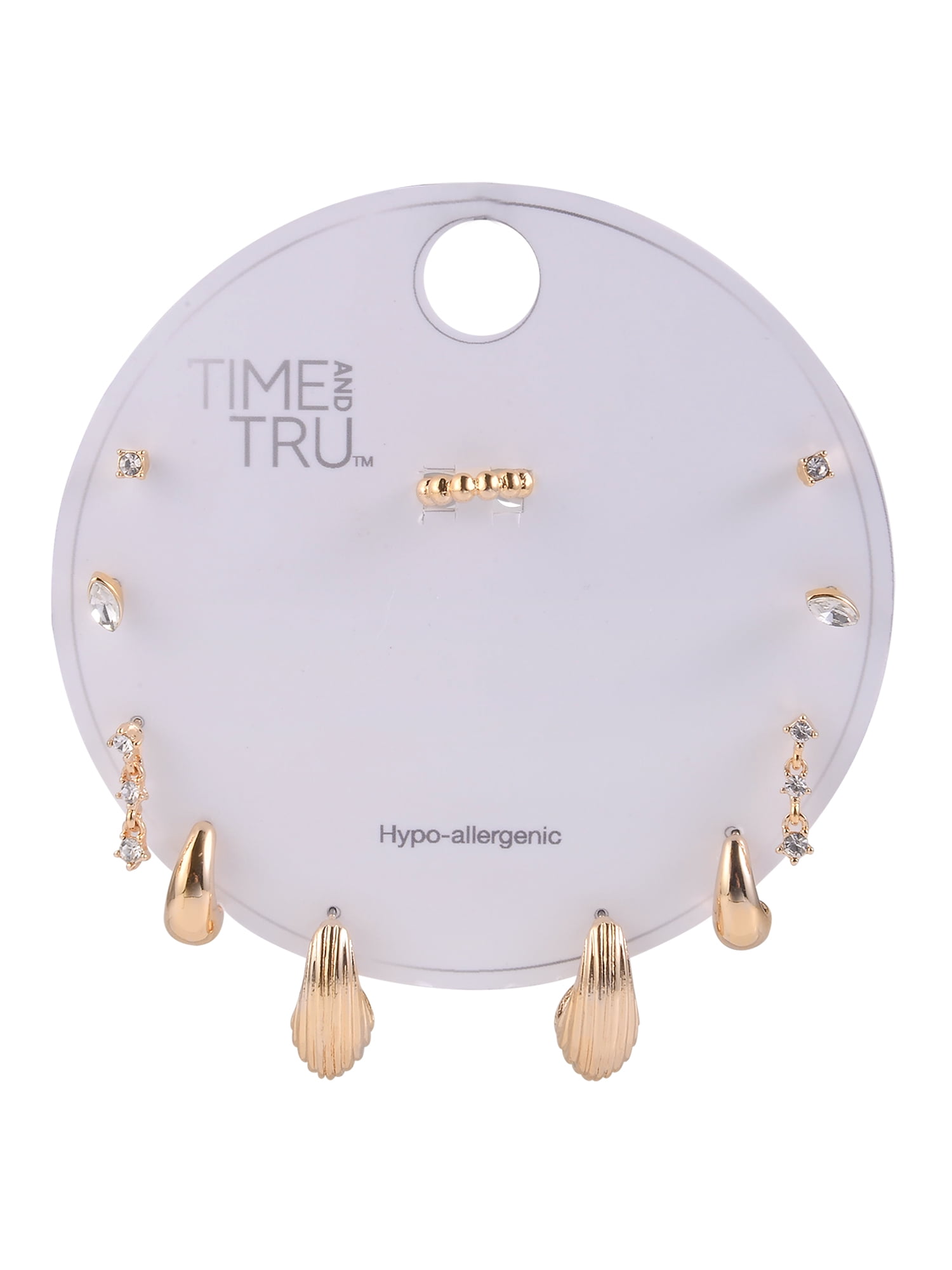 Time and Tru Adult Female Gold-Tone 5 Pair Crystal Stone Navette and Textured Hoop Multi Stacker Earring Set