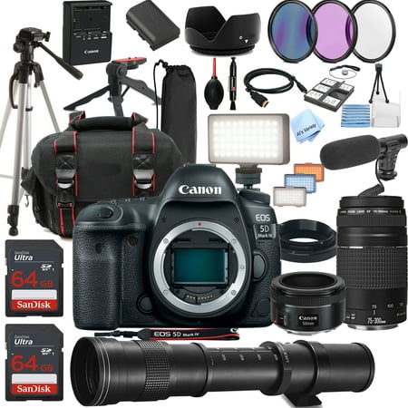 Canon EOS 5D Mark IV DSLR Camera w/ EF 50mm STM + 75-300mm + 420-800mm Super Telephoto Lens + LED Always on Light + 128GB Memory, Filters, Case, Tripod + More (34PC Bundle Kit)