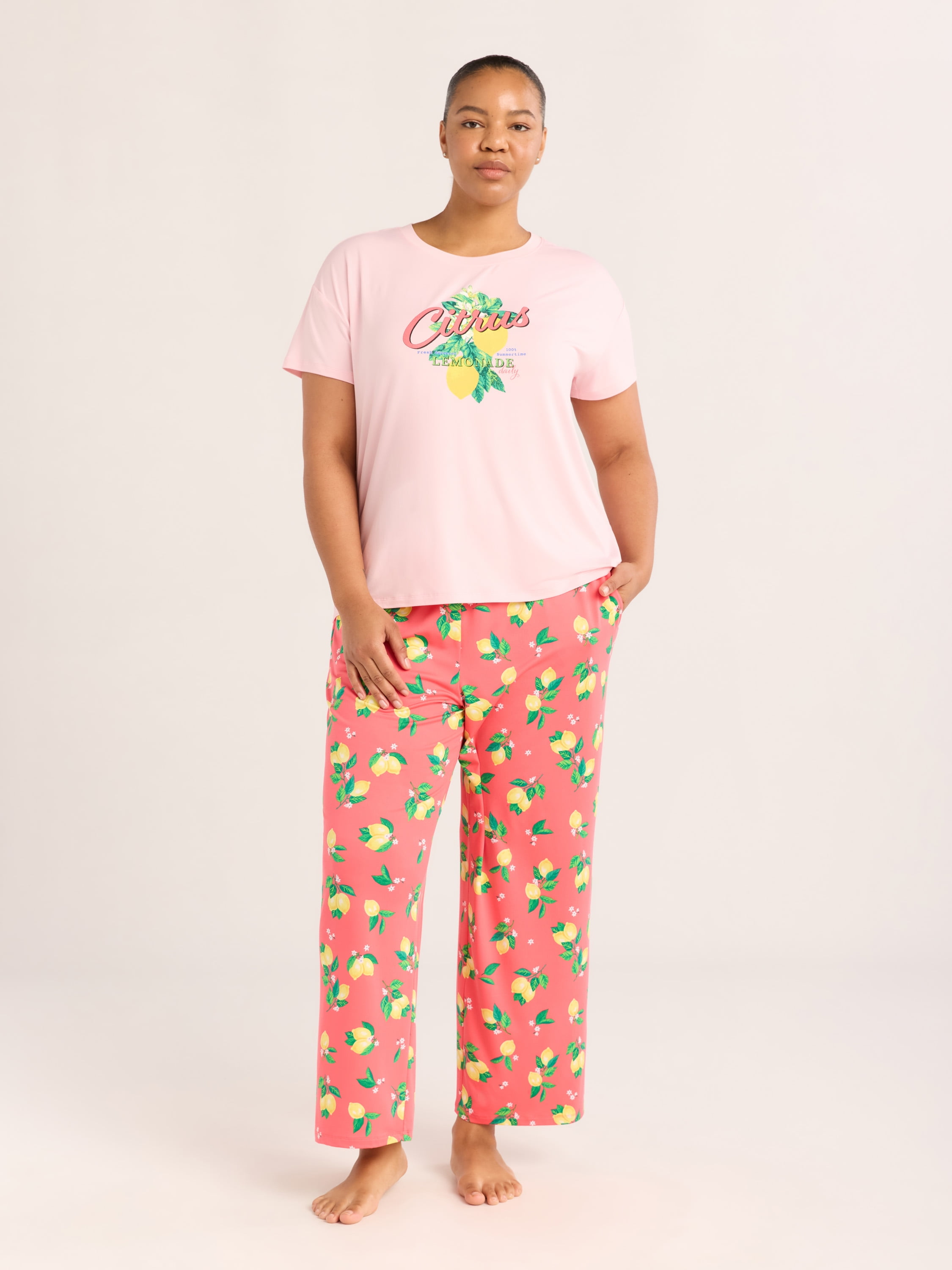 Joyspun Women's Short Sleeve Sleep Top and Open Leg Pants Pajama Set, 2-Piece, Sizes XS-3X