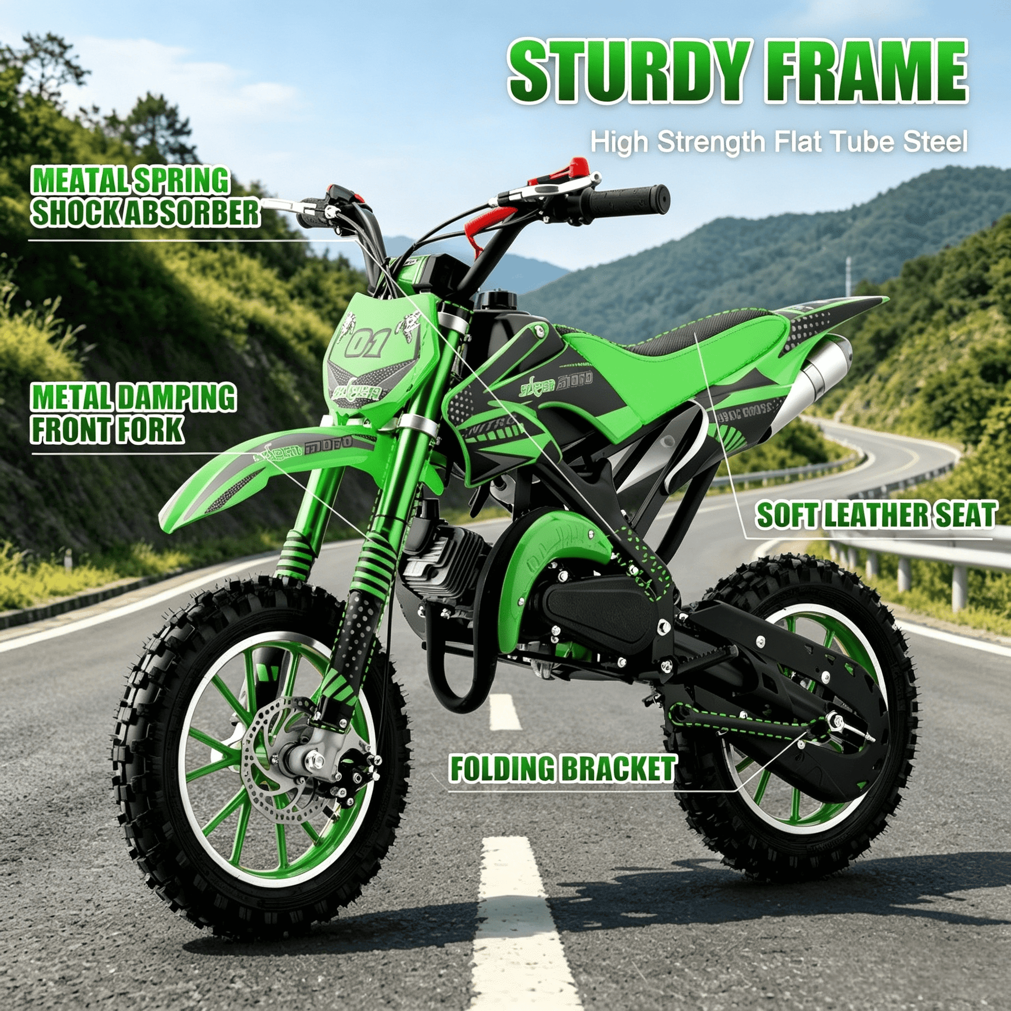 Ktoebyco 49cc Kids Mini Dirt Bike, 2-Stroke Gas-Powered Motorcycle, 1.5L Fuel Capacity,Green