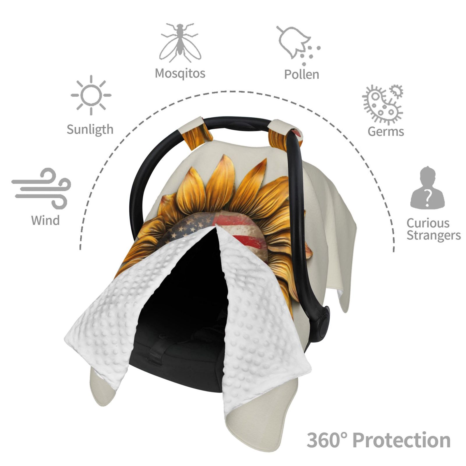 Car Seat Cover Baby - Patriotic Sunflower Flag Breathable Infant Car Seat Cover for Baby Carseat, Lightweight Comfort Baby Essentials Must Haves Newborn Stuff for Girl Boy