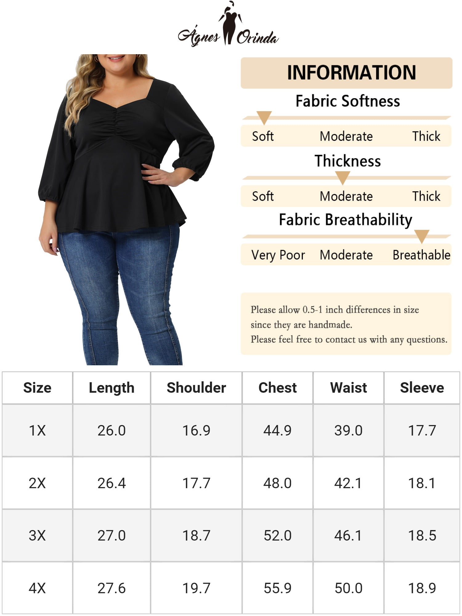 Unique Bargains Women's Plus Size Blouse Sweetheart Neck Elbow Sleeve Peplum Tops 2X Black