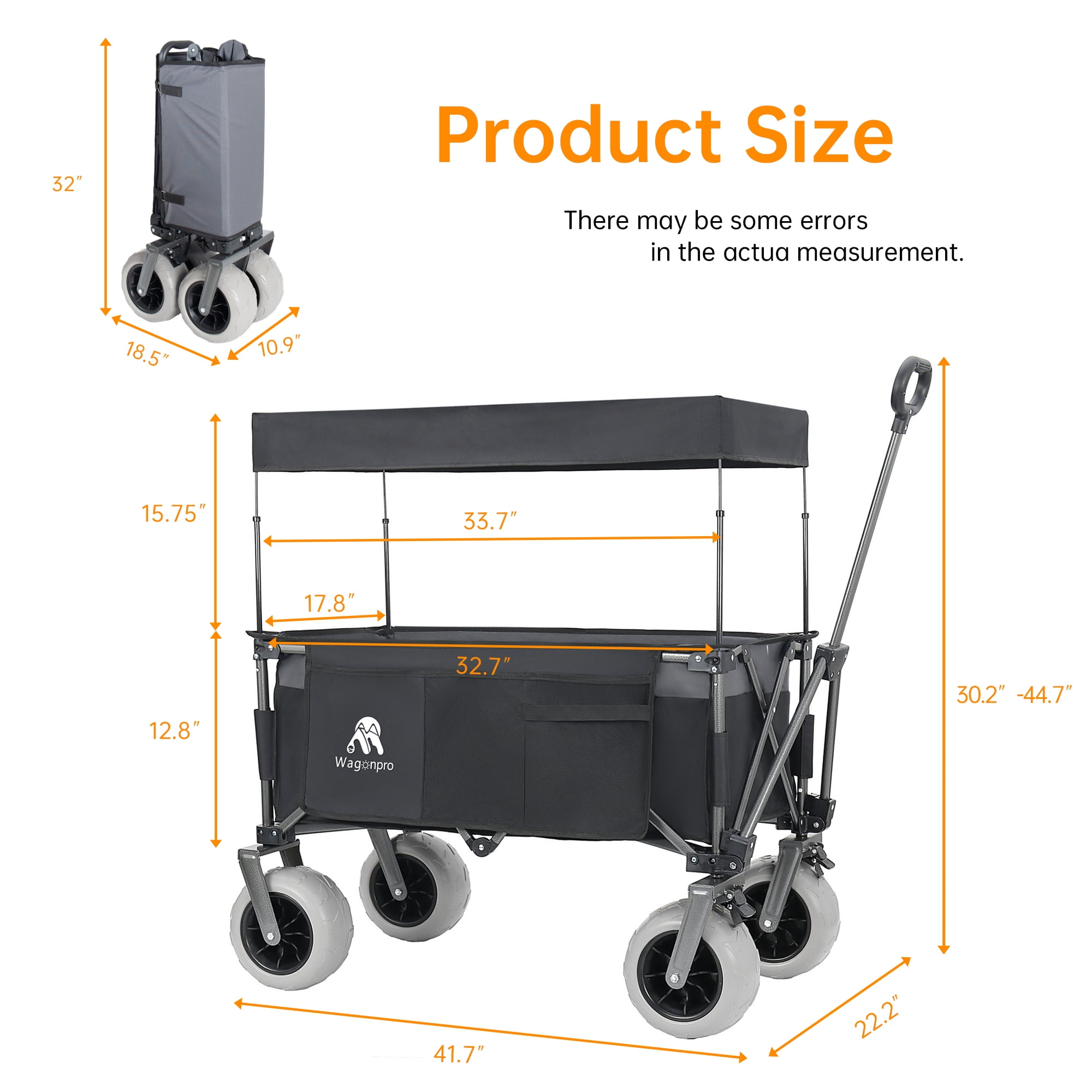 Foldable Utility Wagon with Removable Awning Canopy, 9" All-Terrain Balloon Wheels, 480LBS 120L Heavy Duty Beach Cart Adjustable Handle for Camping Shopping Outdoor Use