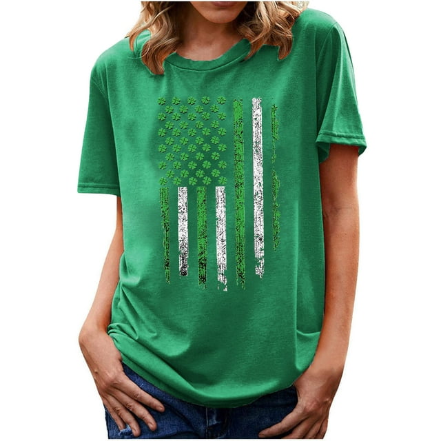 Bowake T-Shirt d'Été à Manches Courtes Col Rond pour Femmes, Basique Décontracté Imprimé Trèfle
