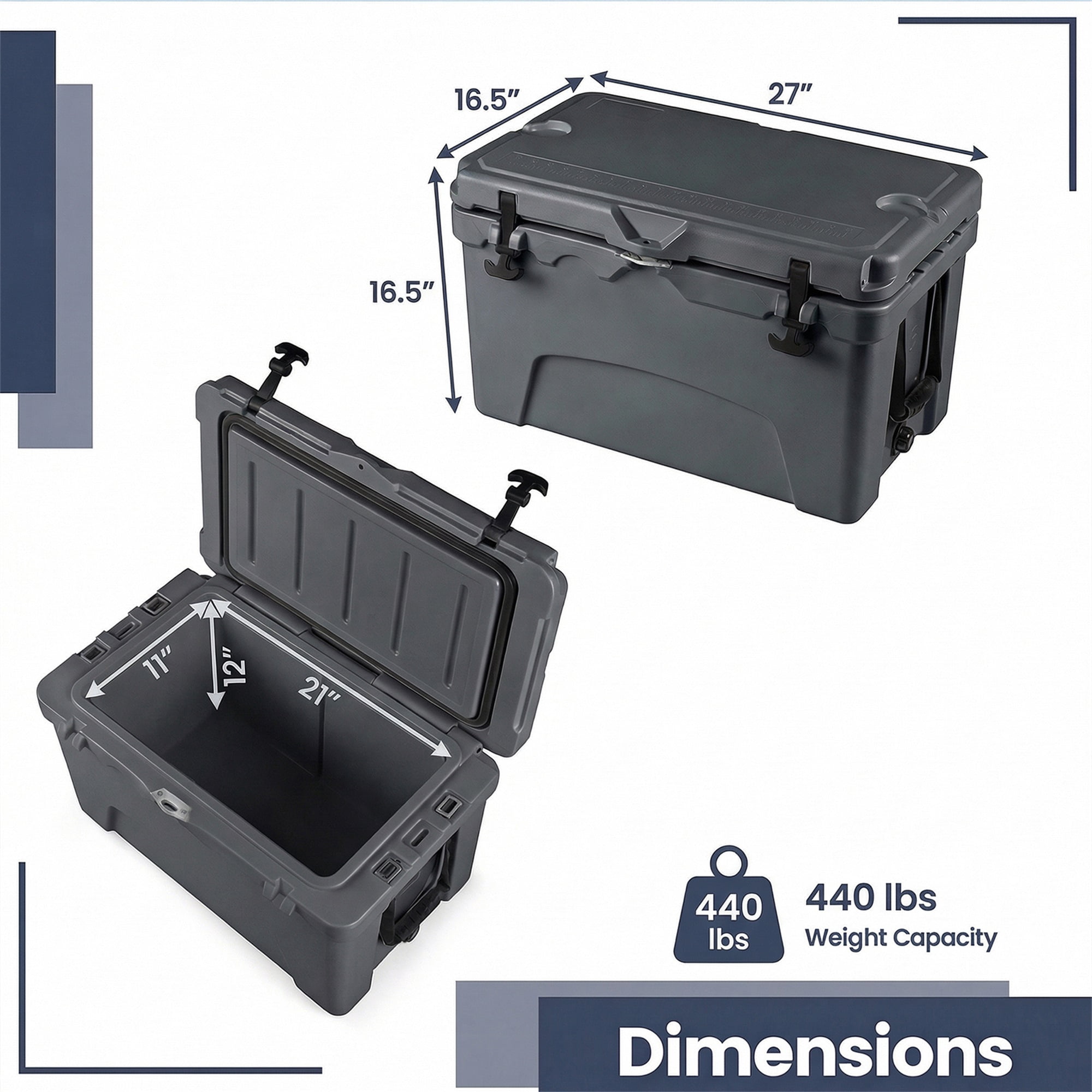 ELLEGNT 45 Quart Hard Cooler - Portable Ice Chest, 6‑Day Ice Retention, Gray