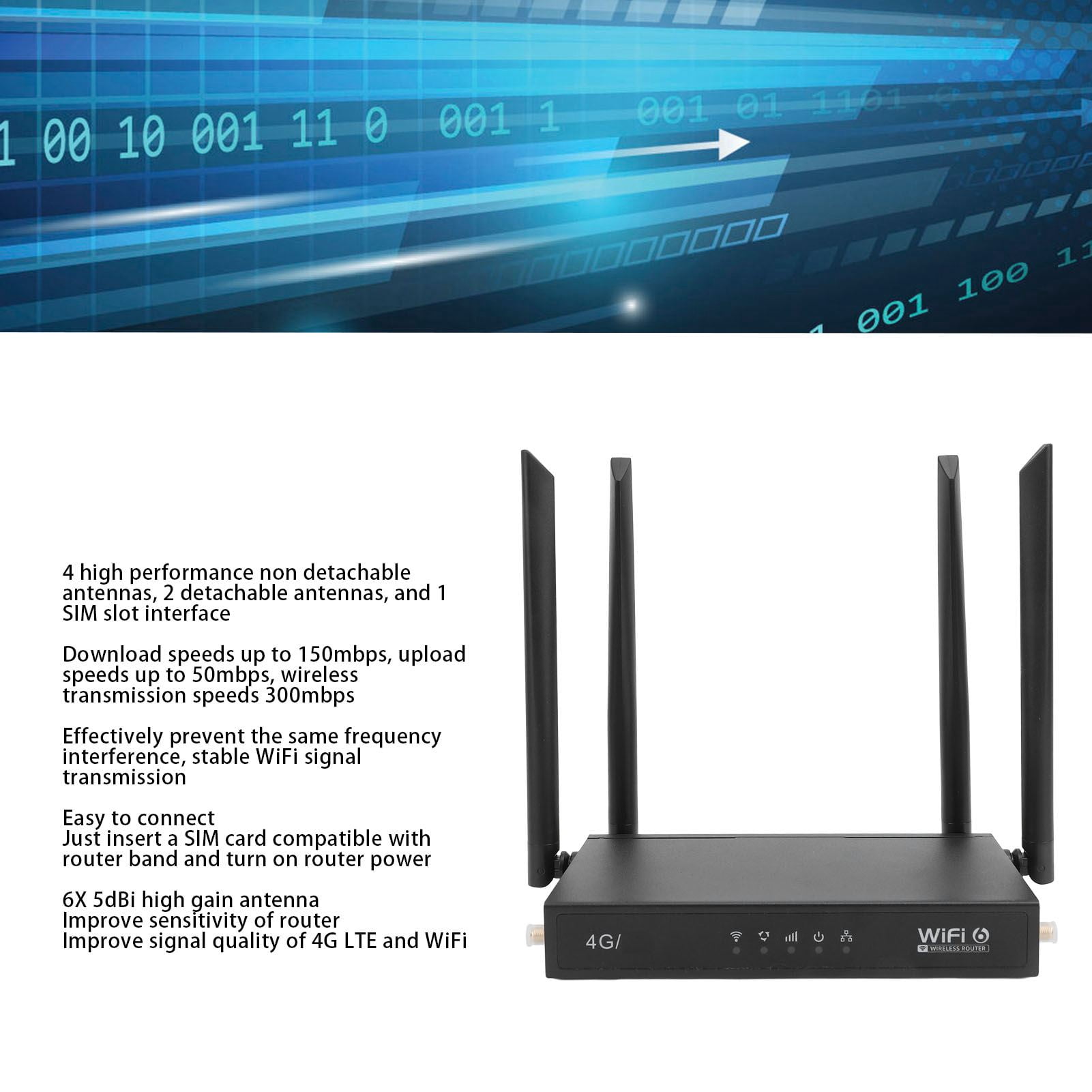 YAHHU 4G LTE CPE Router Unlocked Wireless WiFi Modem 300Mbps Hotspot with 6 Antennas EU Plug for Home and Office Connectivity (11.02 inches / 28 cm)