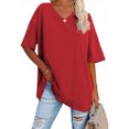 thumbnail image 1 of Hauts Rouges pour Femmes, T-Shirt d'Été Ample à Épaules et Col en V, Mode Couleur Unie, Manches Courtes, Blouse pour Sortir, 1 of 5