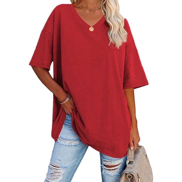 Hauts Rouges pour Femmes, T-Shirt d'Été Ample à Épaules et Col en V, Mode Couleur Unie, Manches Courtes, Blouse pour Sortir