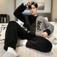 thumbnail image 4 of comerut 2 Pcs/Set Men Winter Pajamas Set Round Neck Long Sleeve Thick Twisted Texture Loose Elastic Waist Warm Soft Pockets Contrast Color Men Homewear Top Pants Set, 4 of 8
