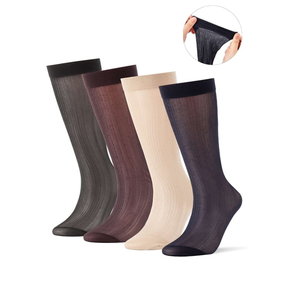 Gustave 4 Pairs Mens Sheer Dress Socks Ultra Thin Silk Business Socks Summer Breathable Striped Transparent Crew Socks "Black & Coffee & Navy & Khaki"