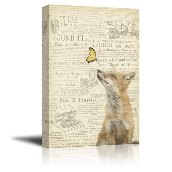wall26 Creative Animal Figure on Vintage Paper Canvas Wall Art - Fox a Butterfly - Giclee Print Gallery Wrap Modern Home Art Ready to Hang - 24x36 inches