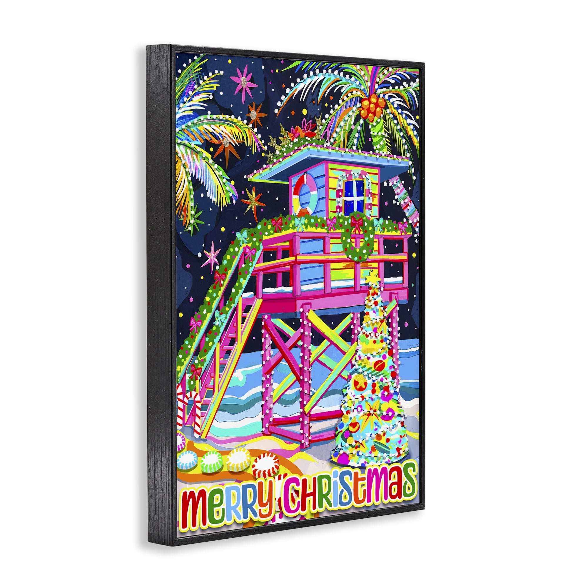 Stupell Industries Whimsical Seaside Christmas Holiday Painting Black Framed Art Prints Wall Art, 20 x 30