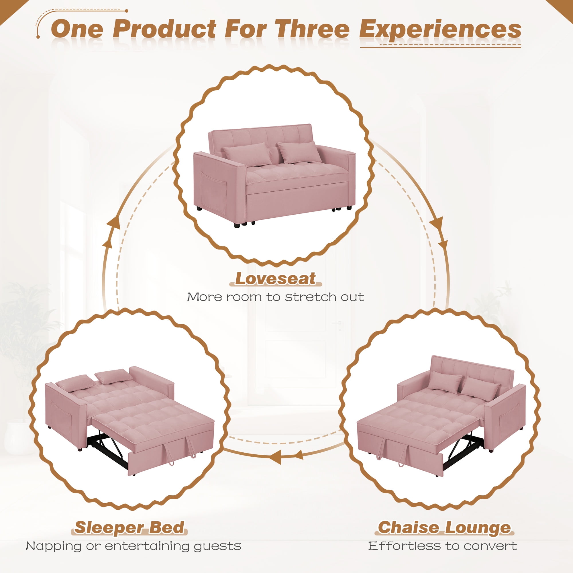 Lunale 55" Convertible Loveseat Sleeper, Tufted Pull Out Sofa Bed for Living Room, Pink Velvet