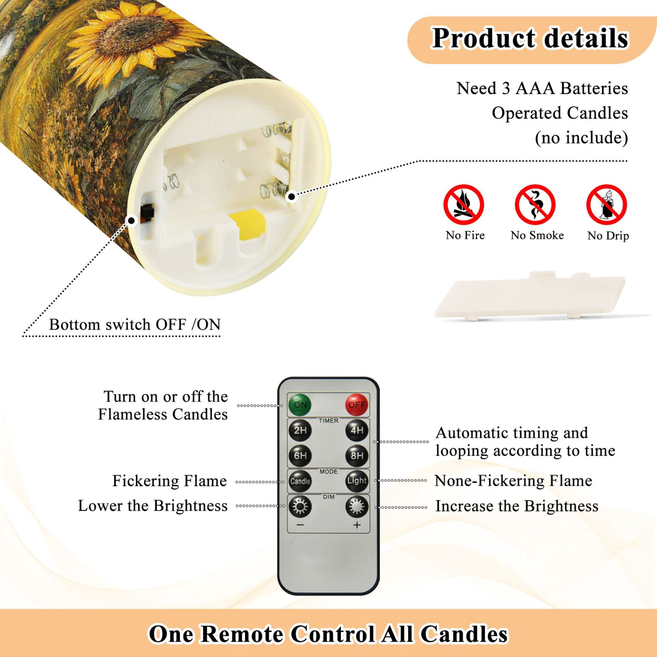 Wobogo Oil Painting Of Sunflower Flameless Candles with Remote Battery Operated Flickering LED Candles with Timer 2/4/6/8H Medium Size