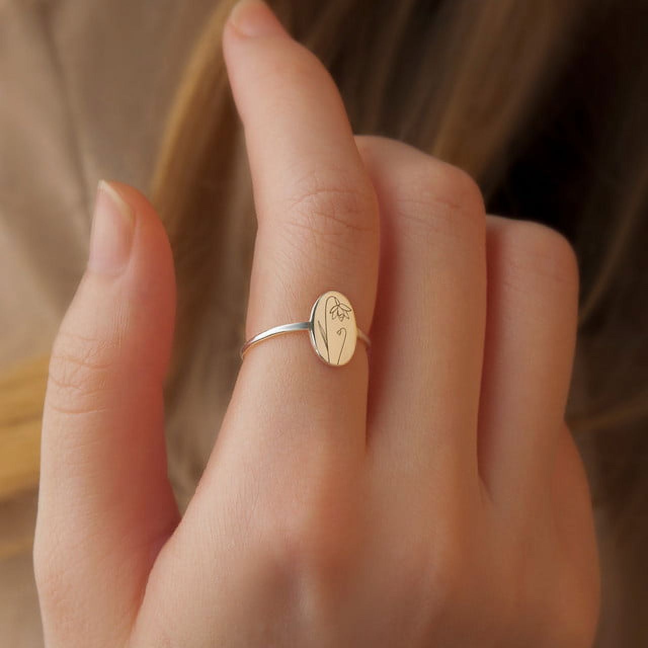 Birth Flower Ring Personalized Oval Birth Month Flower Ring