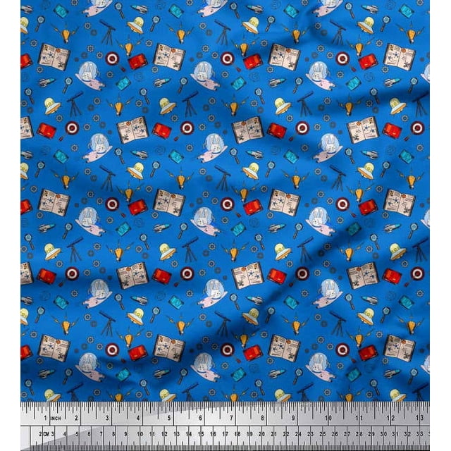 Soimoi Polyester Crepe Fabric Book,Magnifier & Telescope Education Theme Print Sewing Fabric Yard 52 Inch Wide
