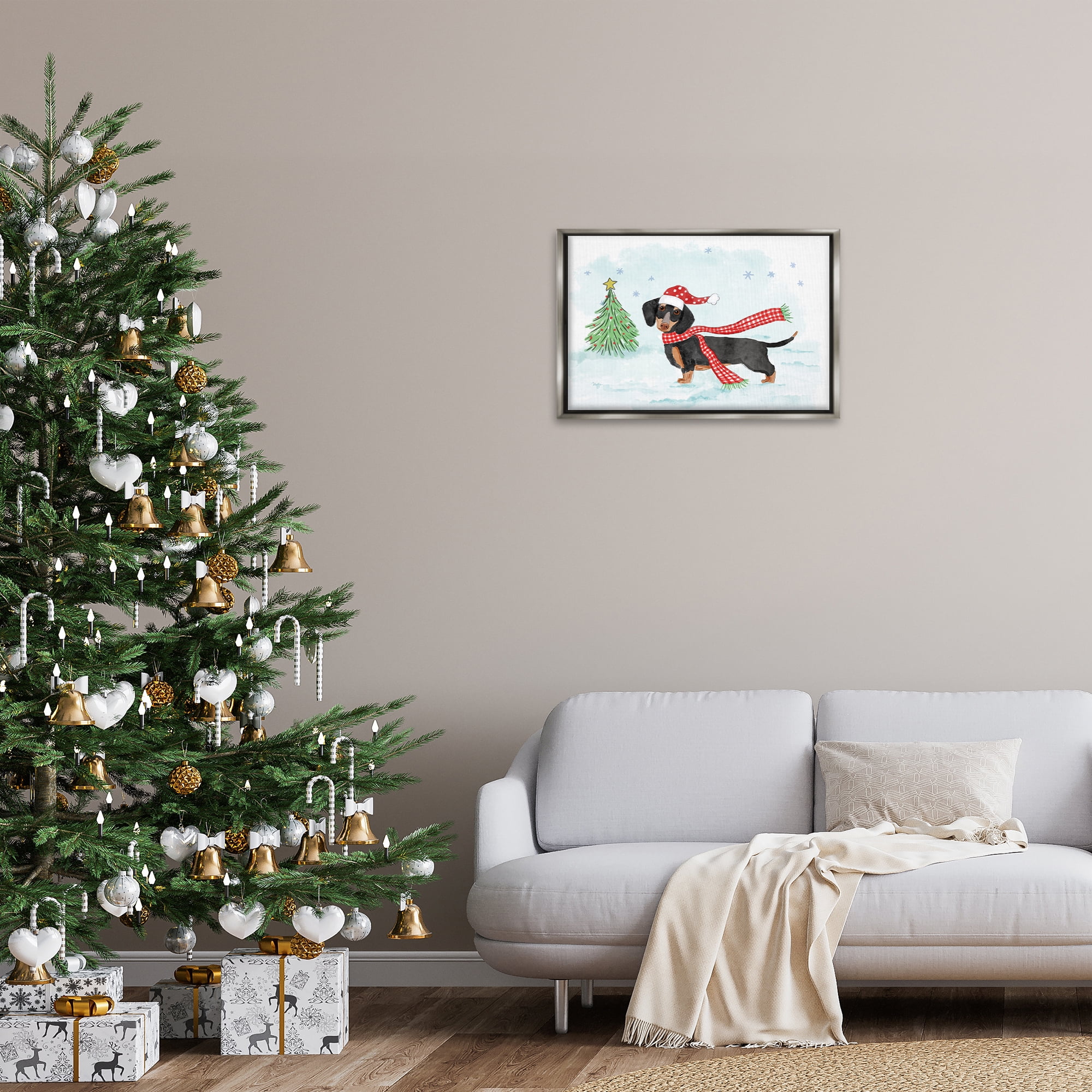 Stupell Industries Dachshund with Scarf Holiday Painting Gray Floater Framed Canvas Art Prints Wall Art, 25 x 17