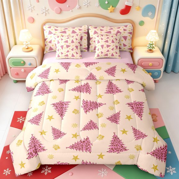 Manfei Classic Stars 7-Piece Twin Bedding,Adorable Christmas Tree Bedding Comforter Set,Pink Reversible