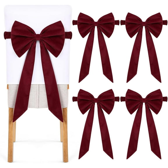 4 Pack Christmas Burgundy Velvet Chair Sashes, 29Inch Bows Chair Cover Decorative Chair Bows Tie Back for Christmas Banquet Home Wedding Events Banquets Party Decoration