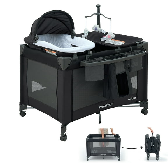 Pamo Babe Baby Playard Magic Fold 1 Step Bassinet & Changing Table for Newborn, 4-Panels (Black)