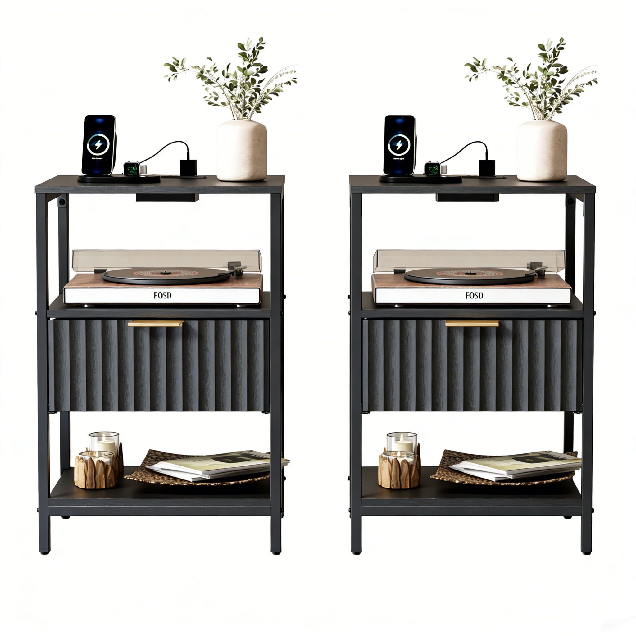 Ktaxon Fluted Nightstand with Charging Station End Table with Drawers Bedside Table Furniture for Bedroom, Living Room, Black
