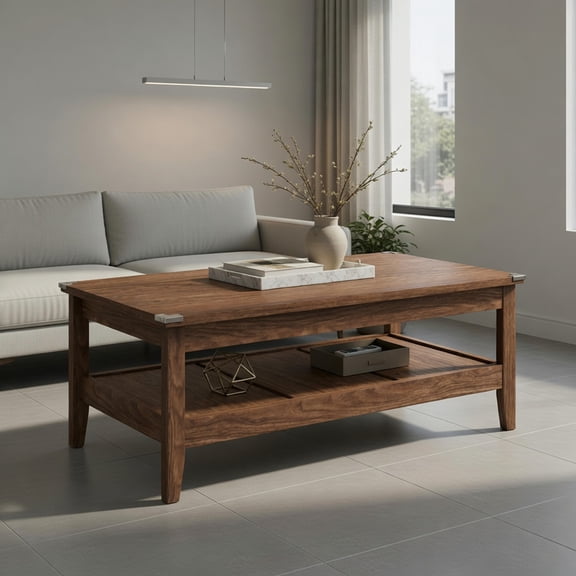 Resenkos Farmhouse Cocktail Table with Thick Solid Wood Tabletop, Walnut Finish