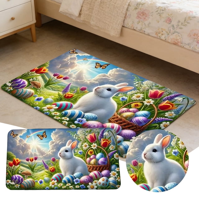 REK Easter Decor Easter Holiday Decorative Floor Mat For Indoor Home Springtime Bunny Rabbit Themed Area Rug