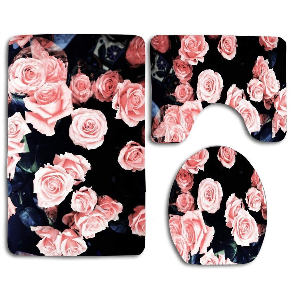 XDDJA Pink Rose 3 Piece Bathroom Rugs Set Bath Rug Contour Mat and ...