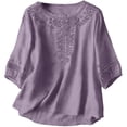 thumbnail image 3 of Vinsonshop Casual Linen Tops for Women Embroidered Linen Tops Lightweight Casual Blouse Blusas De Lino Para Mujer Puff 3/4 Sleeve Linen Shirts Linen Clothing Dark Purple M, 3 of 9