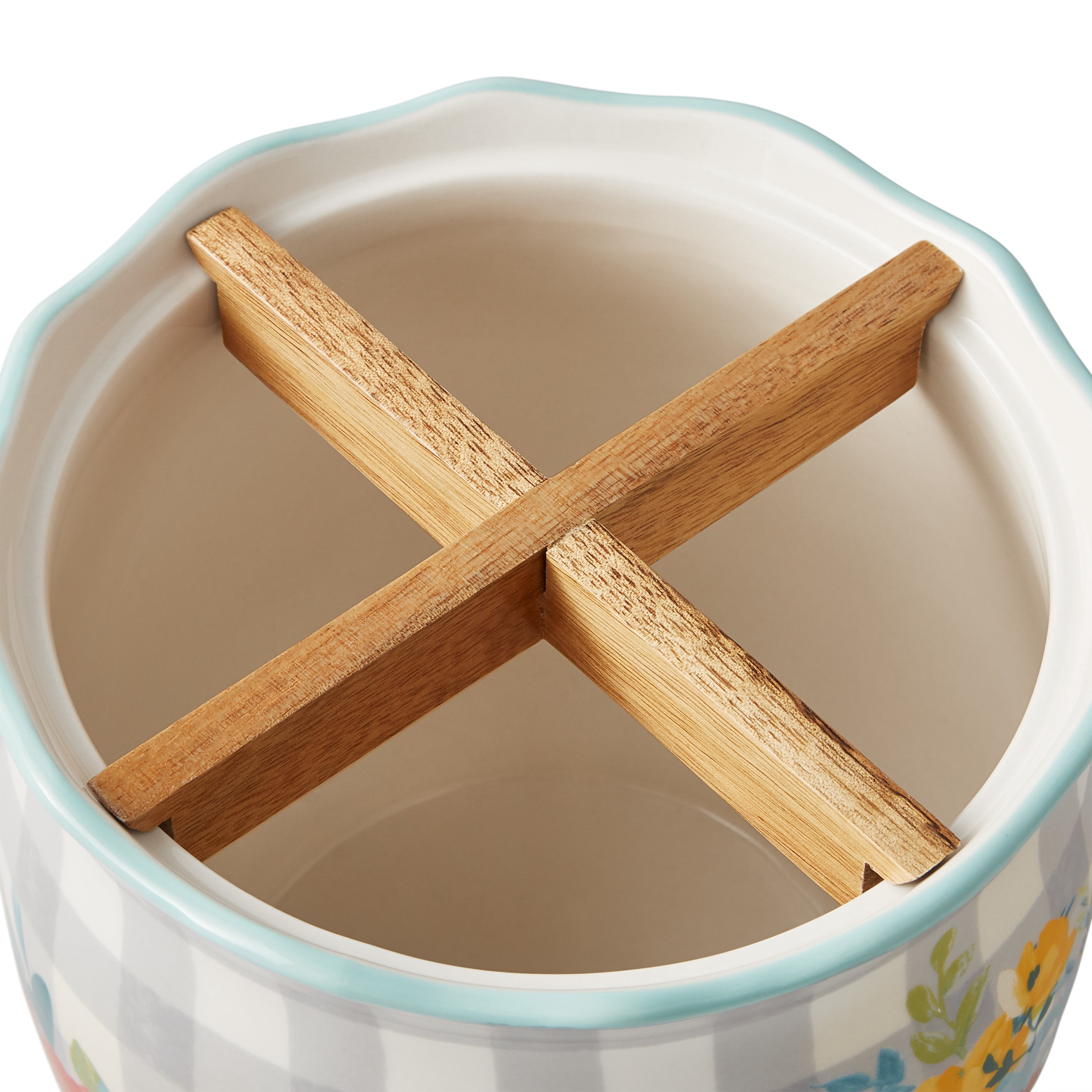 The Pioneer Woman Sweet Romance Ceramic Utensil Crock with Wood Divider