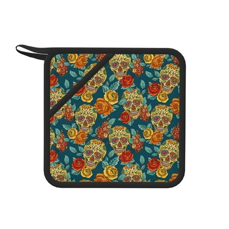 

Matuu Skull And Flowers for Square Silicone Anti-hot Pad for Kitchen Potholders Hot Dishers Spoon Holder