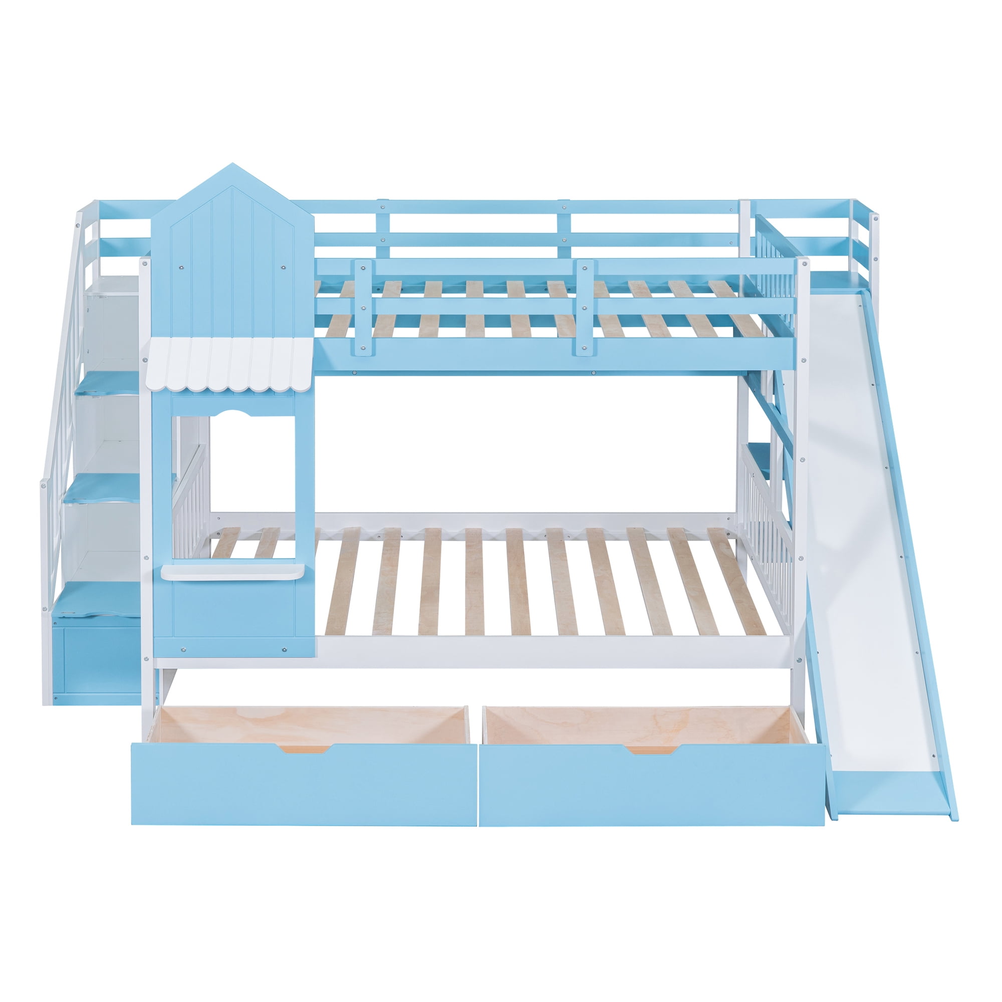Full over Full Bunk Bed for Kids, Castle Style Bunk Beds with 2 Drawers, Slide and Storage Shelves, Solid Wood Bunk Bed Frame for Kids Girls Boys Teens