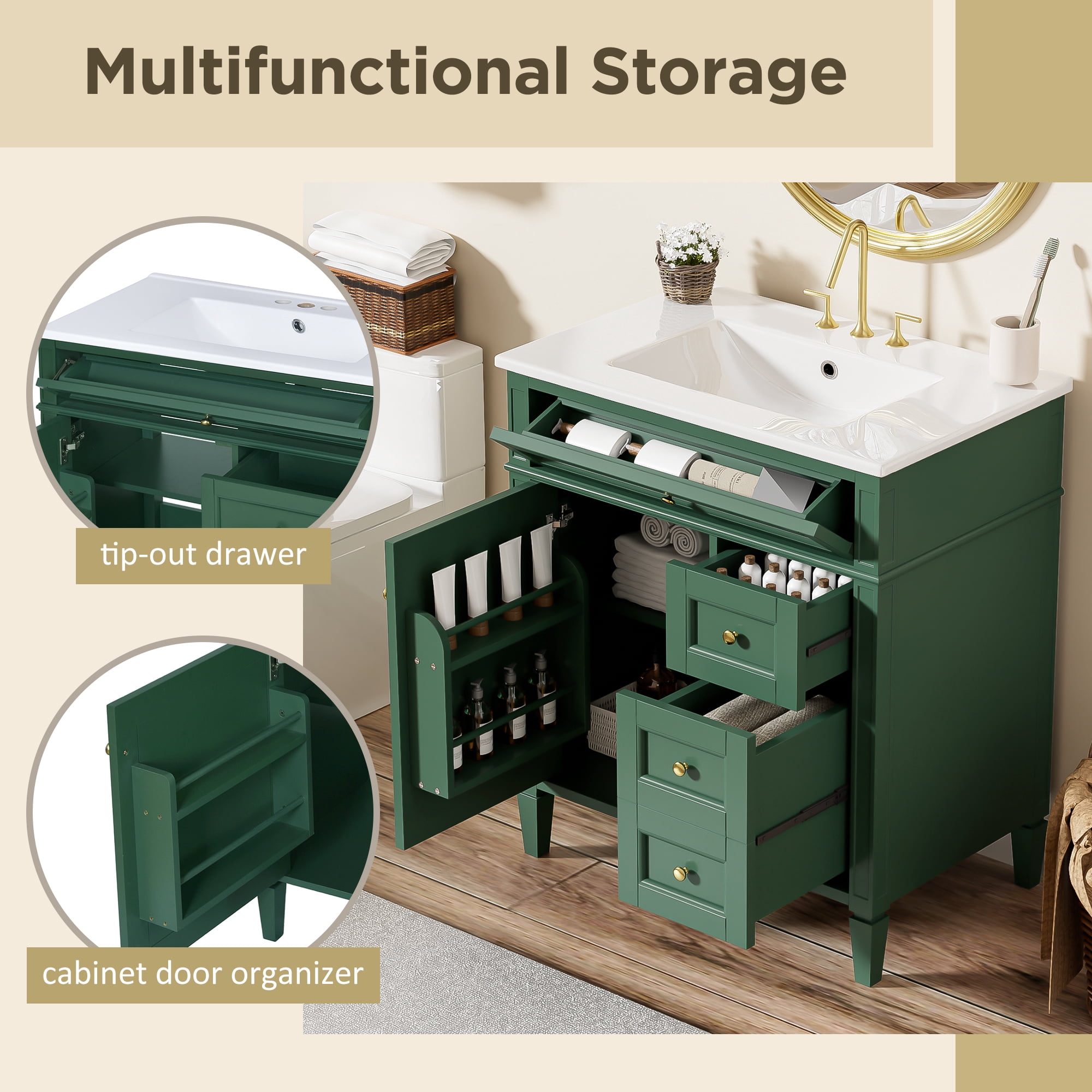 Euroco Modern Bathroom Vanity with Drawers, Cabinet Door Organizer & Tip-Out Tray,Freestanding Storage Cabinet with Sink Compatibility