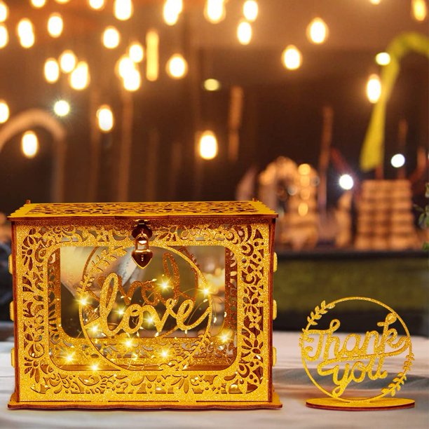 UMMH Gold Wedding Card Box with Lock Wood Gift Card Box Holder with