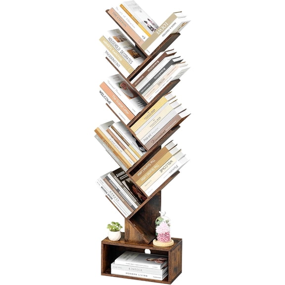 9 Tier Tree Bookshelf, Tall Bookcase with Drawer, Wood Book Shelf, Modern Floor Standing Bookshelves, Book Organizer Shelves for Bedroom, Living Room, Home Office, Rustic Brown