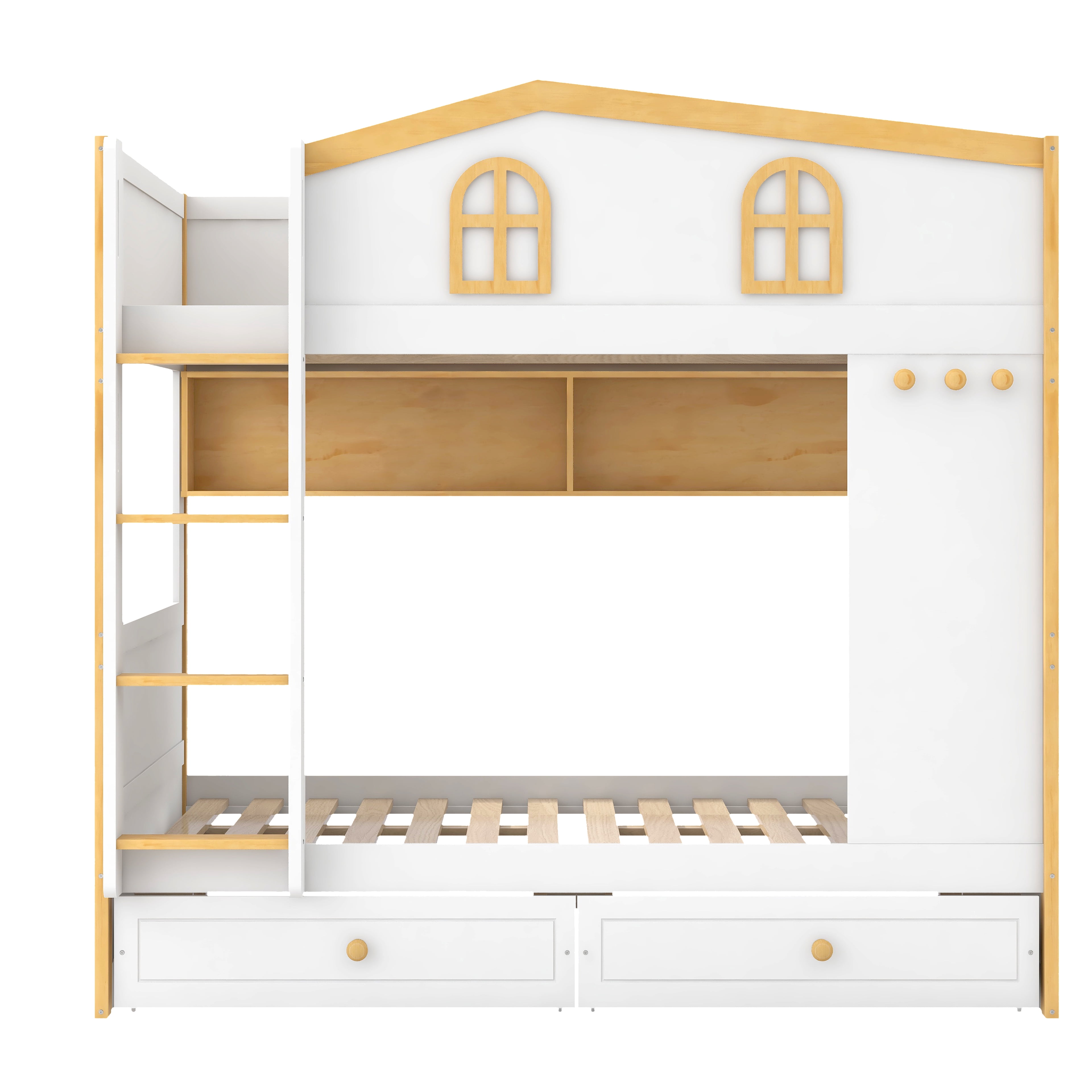 Euroco Wood Full over Full Bunk Bed with Shelves and Drawers, House Bed with Guardrails, White
