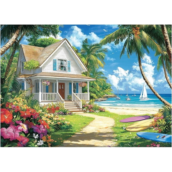 Summer Beach House Vacation 1000 Piece Jigsaw Puzzle for Adults, Coastal Scene Puzzle Great Gift for Puzzle Lovers Home Decor and Relaxation