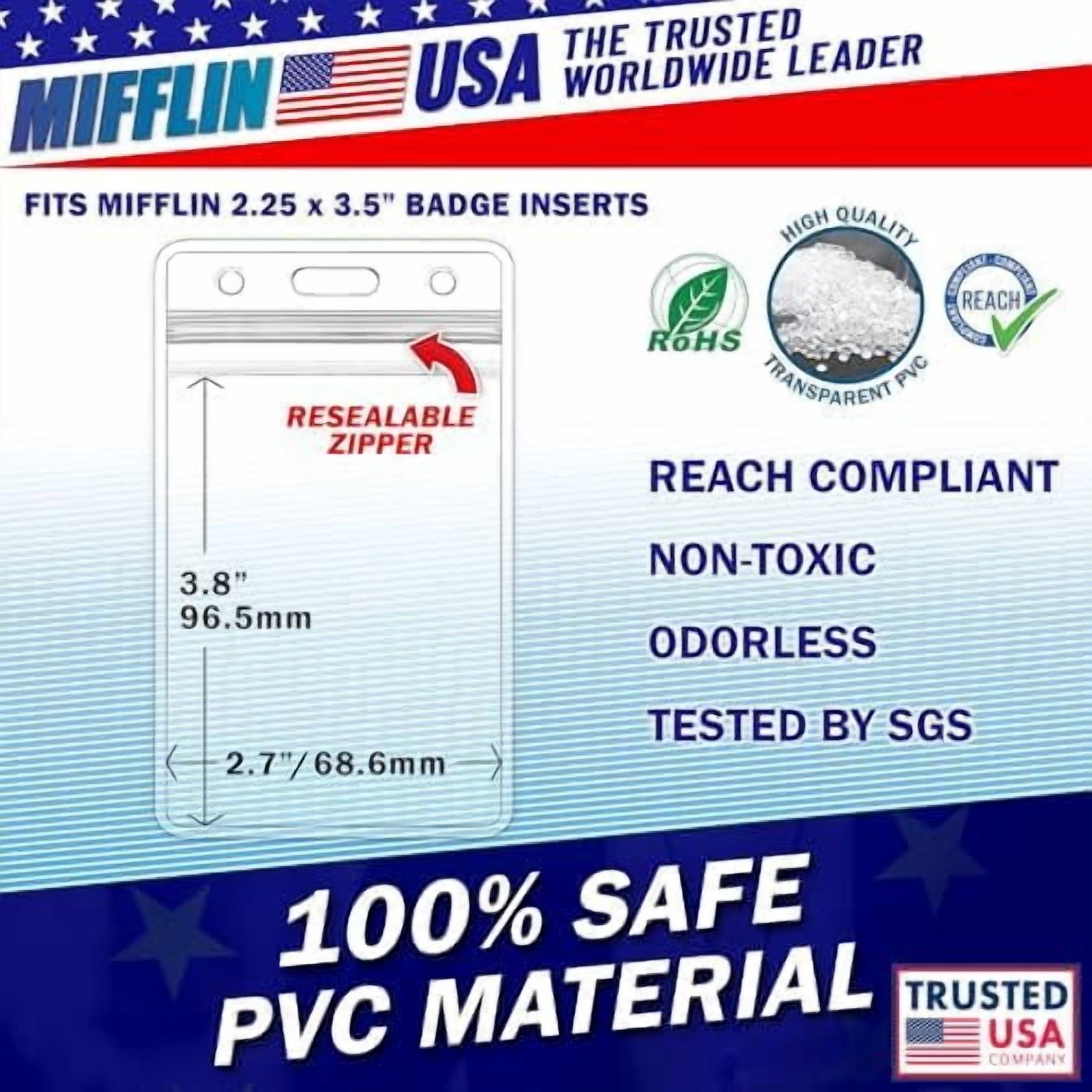 Mifflin-USA Plastic Waterproof ID Badge Holders (Clear, 2.25x3.5 Inch, 100 Pack), Vertical Hanging Name Card Holder with Zipper, Resealable Bulk Nametag Holders