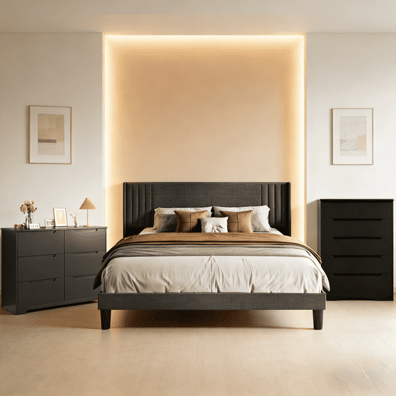 King Bedroom Set: 12-Drawer Dressers & Quiet Wingback Bed Frame with 850LB Capacity, Anti-Tip, Black