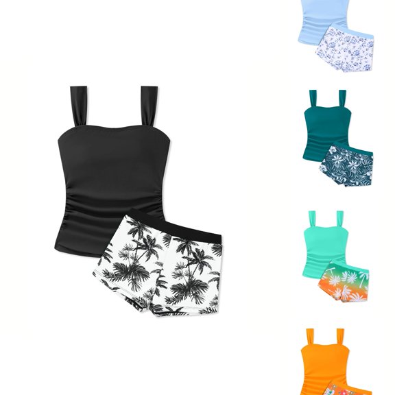 VOUZZA Girls Tankini Set Hawaiian Print Swim Pants Conservative Separate Swimsuit for Kids Beach Swimwear Swimming