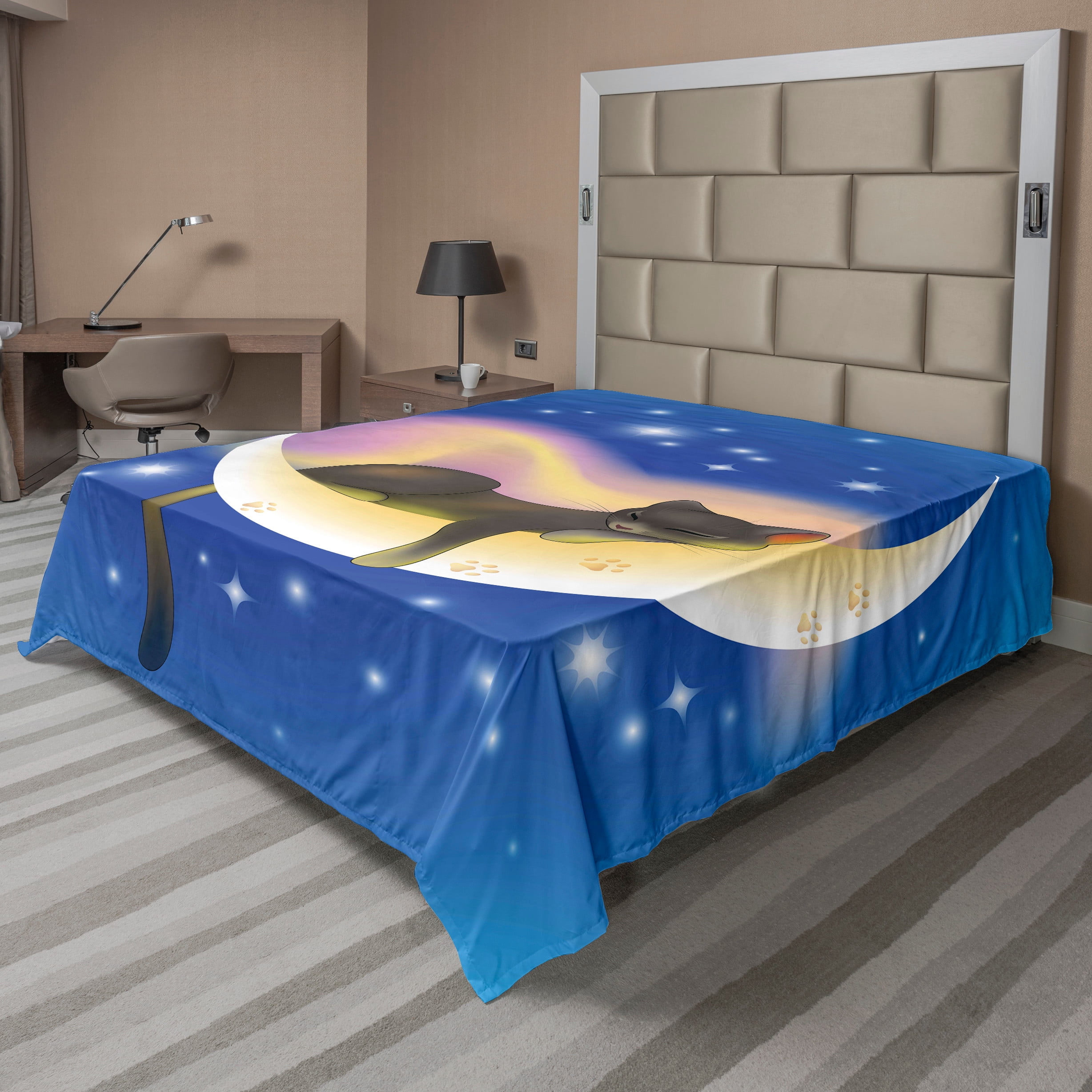 Cat Flat Sheet, Cat Sleeping on Crescent Moon Stars Night Dreams Themed